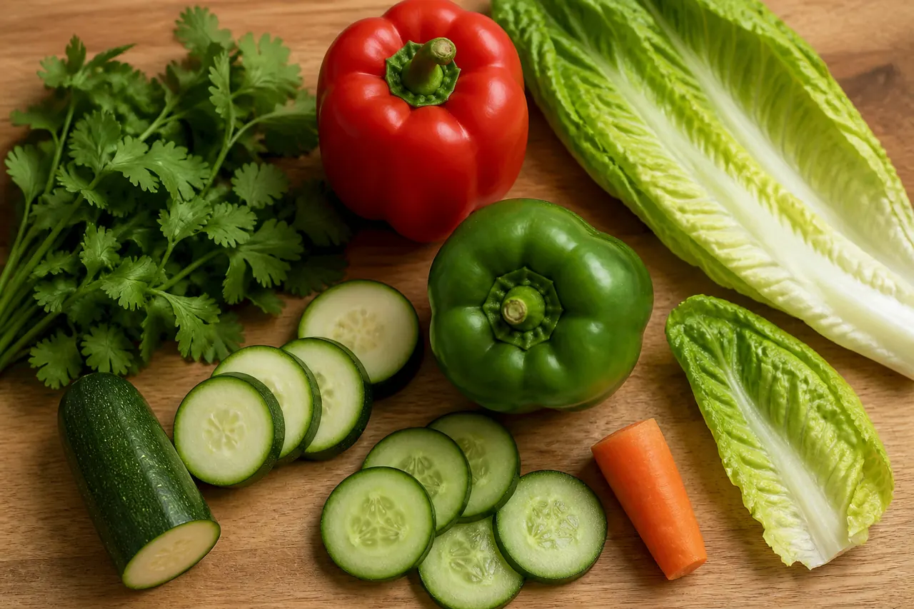 Fresh bell peppers, leafy greens, cucumber and herbs arranged for guinea pig feeding
