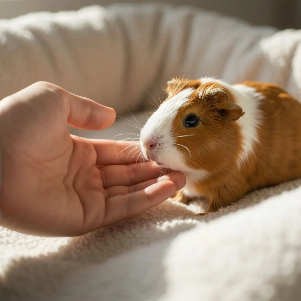 A patient open hand offered gently to a cautious guinea pig