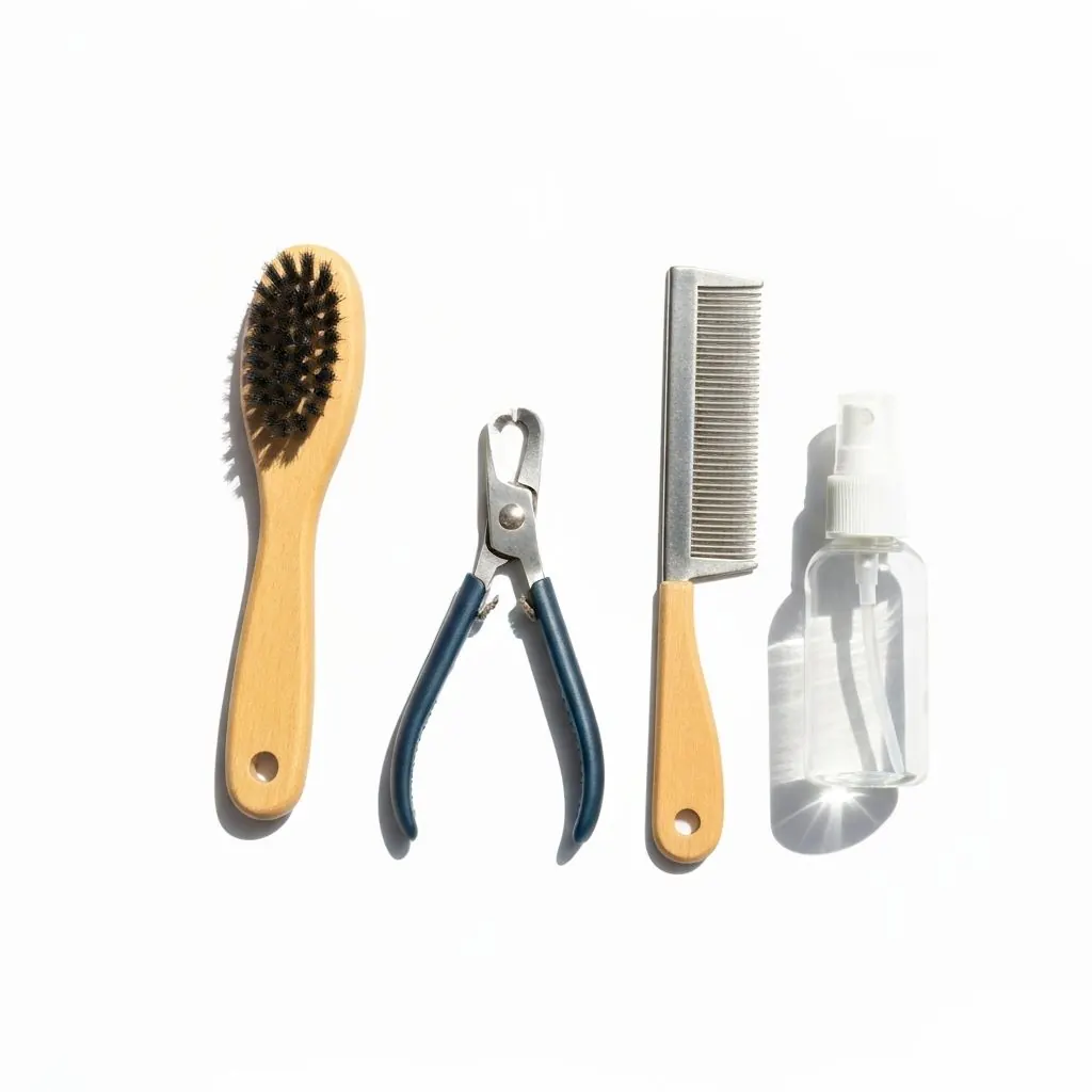 Guinea pig grooming tools including brush, comb and nail clippers