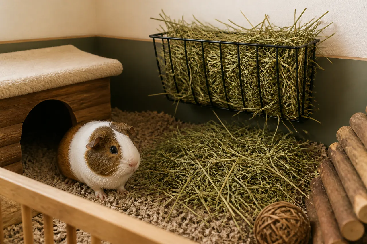 Long-strand grass hay available in a guinea pig enclosure for continuous grazing