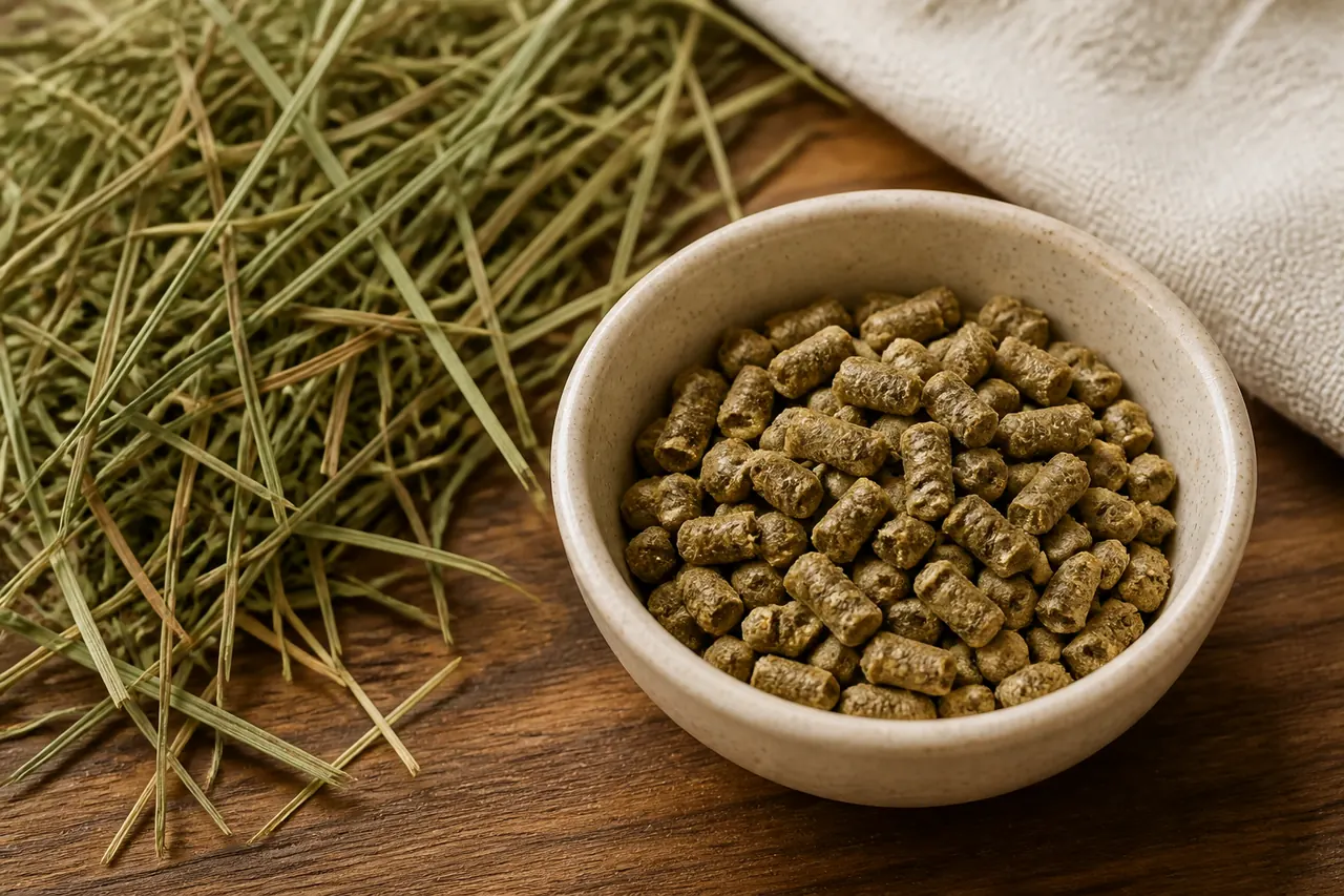 Plain uniform guinea pig pellets beside timothy hay