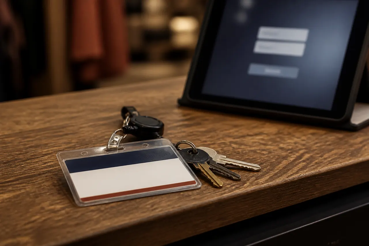 Store badge and tablet ready for an employee work portal sign-in