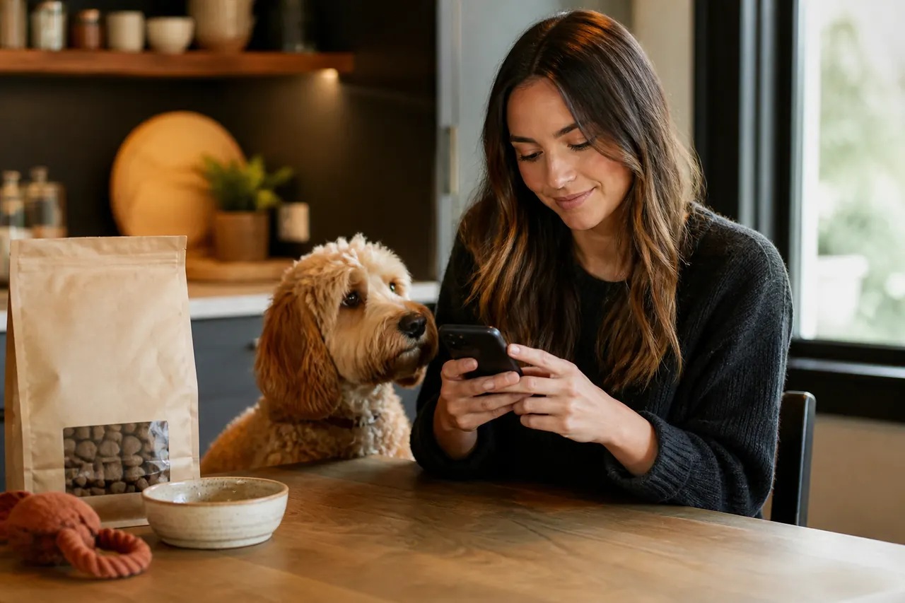 Pet owner using a phone to sign into a pet store rewards account