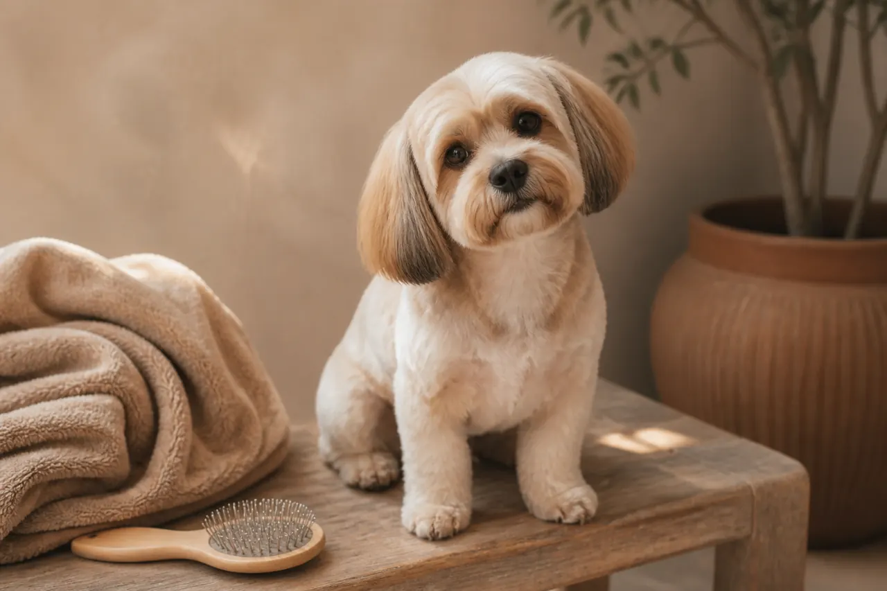 A freshly groomed dog resting after a pet store grooming appointment