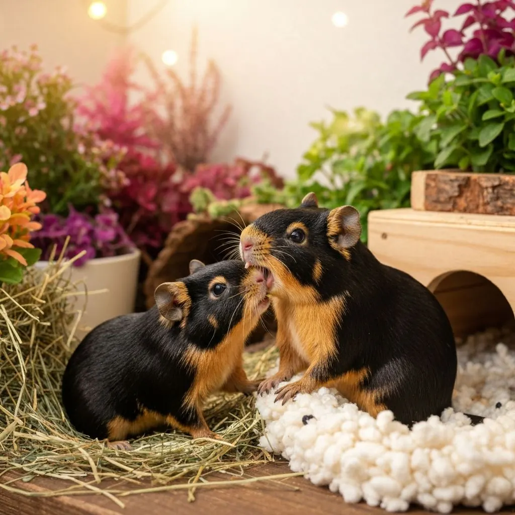 Two guinea pigs communicating in their enclosure