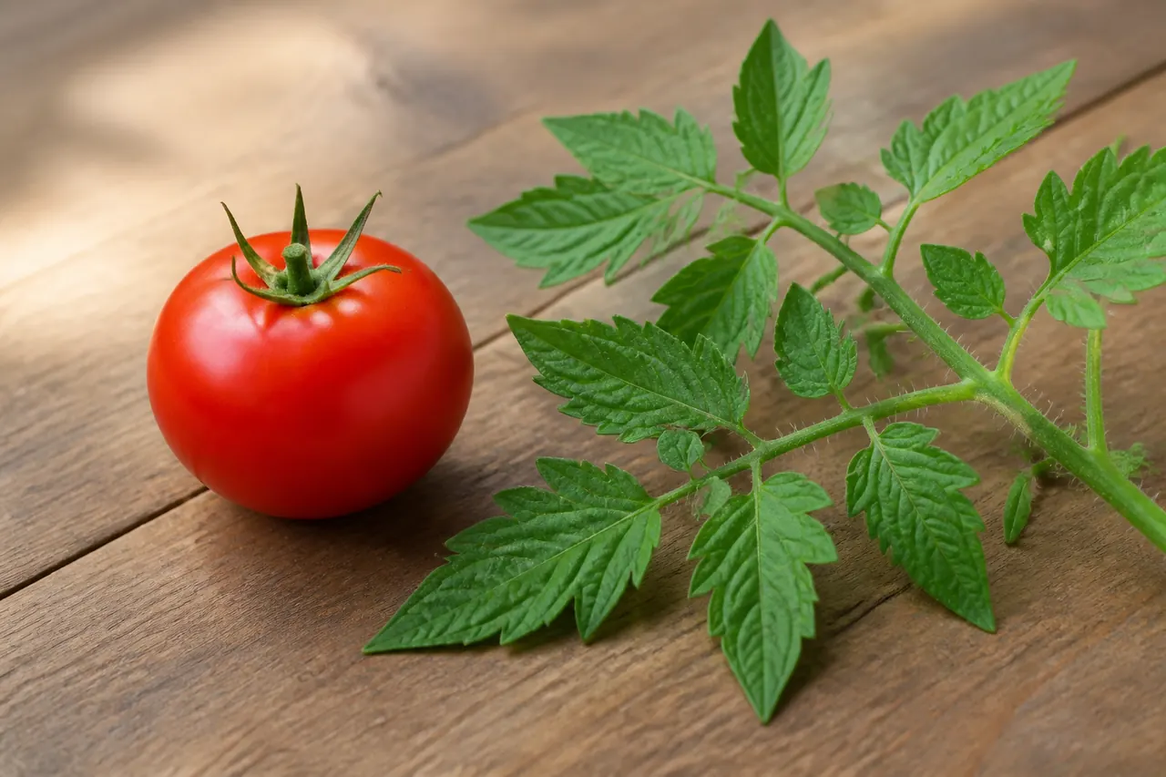 Ripe tomato fruit beside green leaves and stems that should not be fed to guinea pigs
