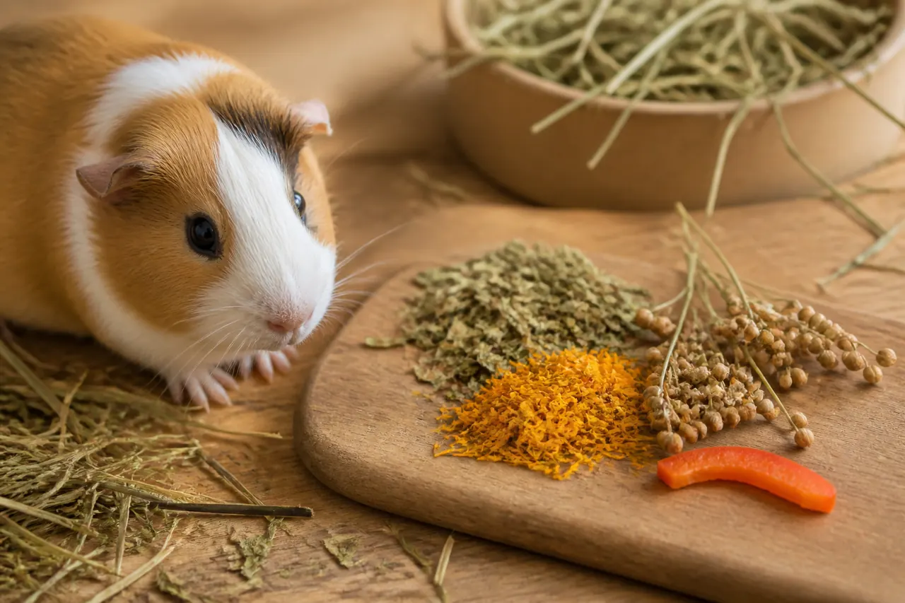 Natural guinea pig treats including dried herbs, flowers and a small vegetable piece