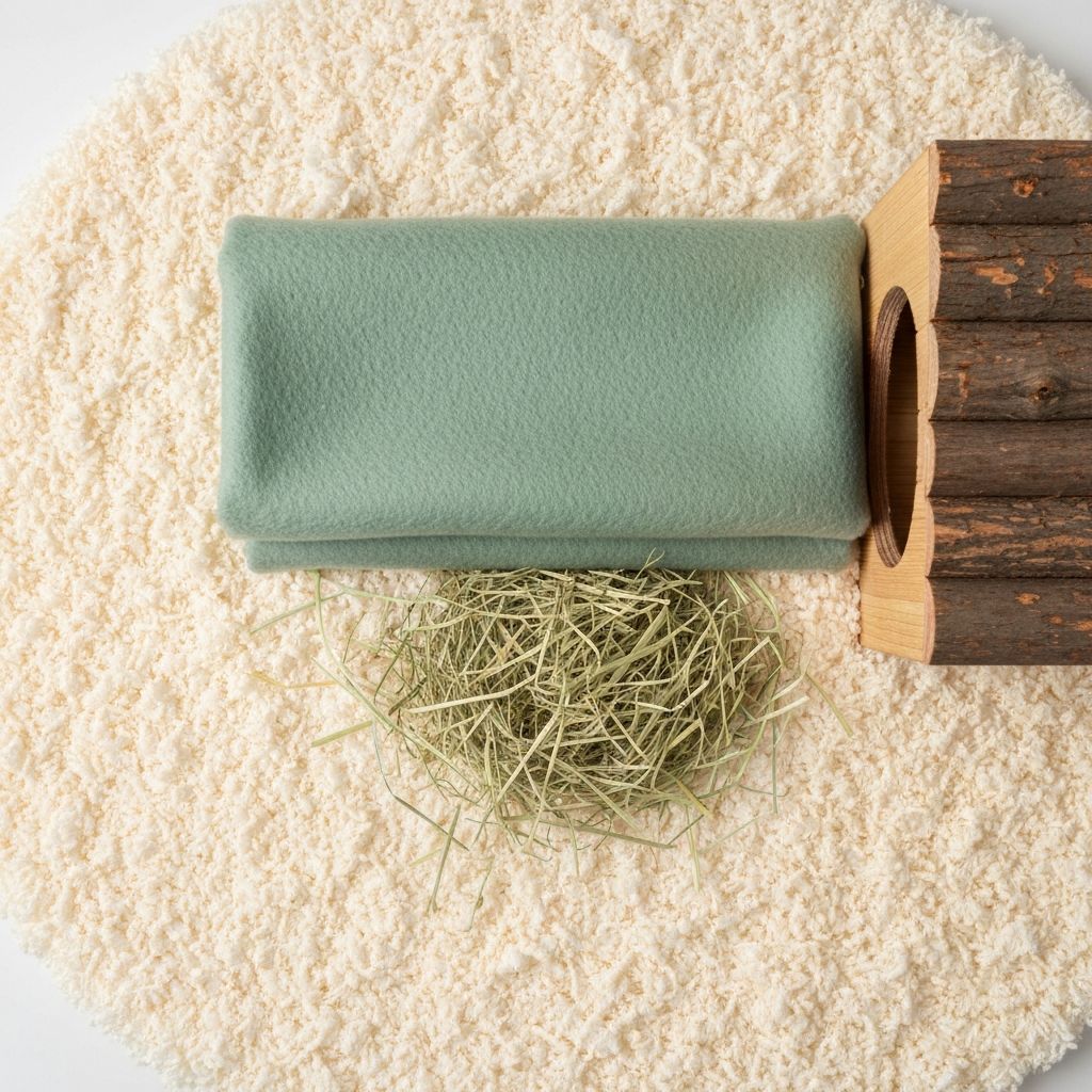 Flat lay of paper bedding, fleece liner, hay and clean enclosure details
