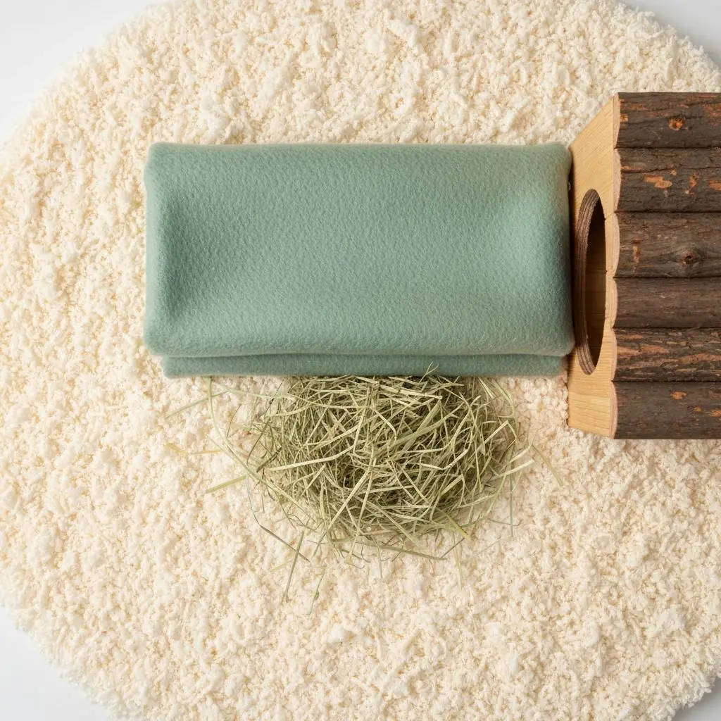 Flat lay of paper bedding, fleece liner, hay and clean enclosure details