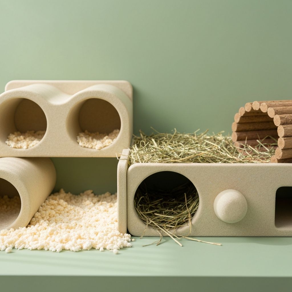 A freshly cleaned guinea pig enclosure with hay station and cleaning supplies