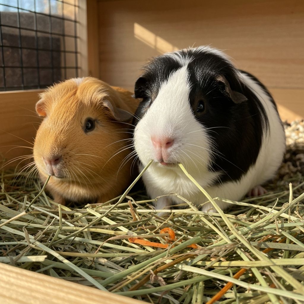 Guinea pigs eating hay with fresh vegetables arranged nearby