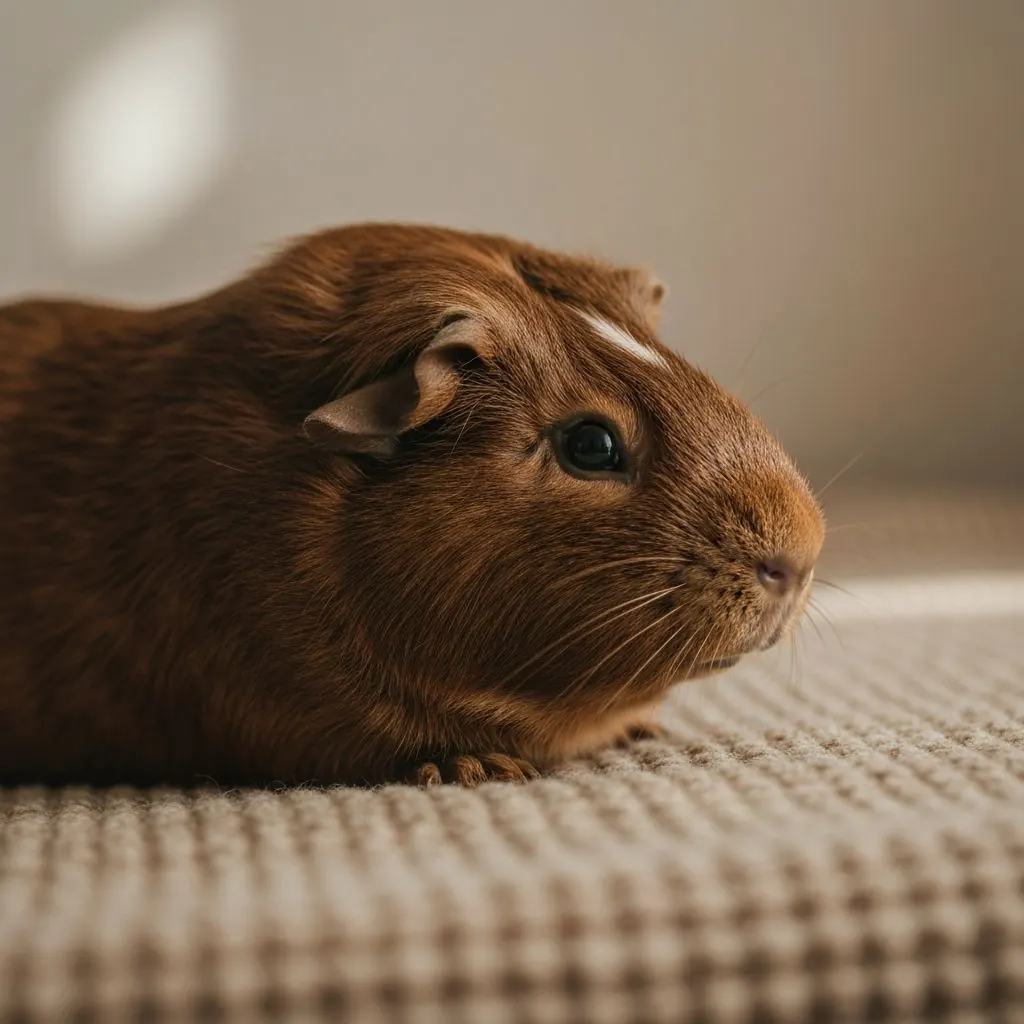 Calm close-up of a long-haired guinea pig being gently brushed on a towel