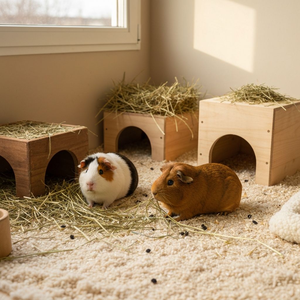 Two healthy guinea pigs in a roomy hay-filled setup