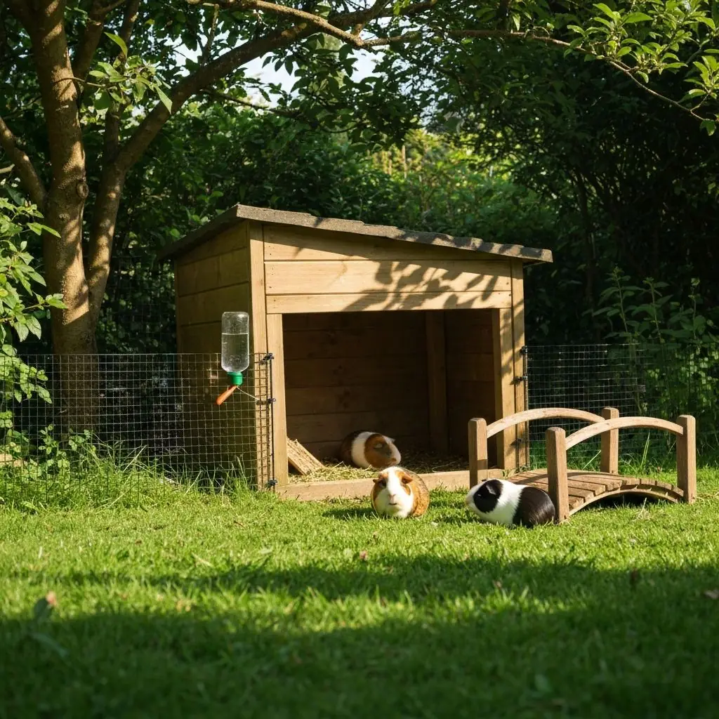 A safe shaded outdoor guinea pig run in summer with water and hay