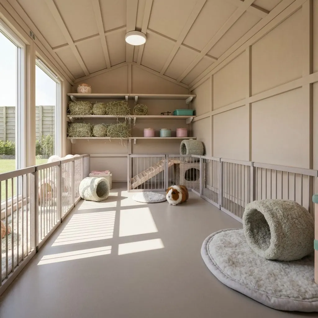 Clean insulated garden shed converted into a guinea pig room with pens and natural light
